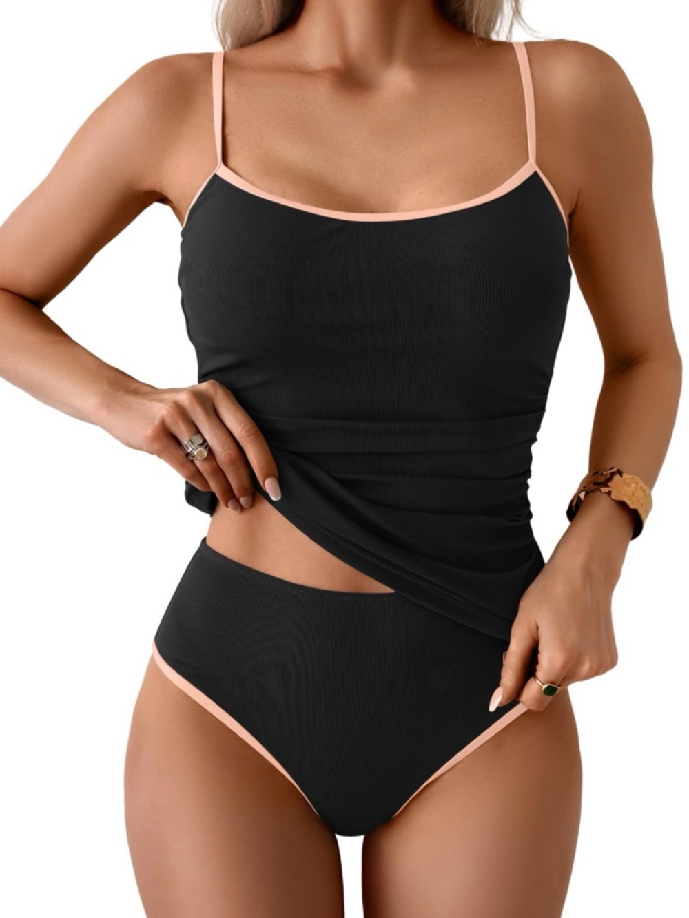 NWT Eomenie Women Tankini Swimsuit Two Piece Size  Small ribbed & light pink